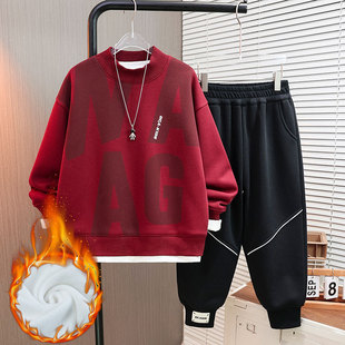 童装秋冬新款儿童加绒卫衣两件套韩版百搭男童红色卫衣加厚拜年服