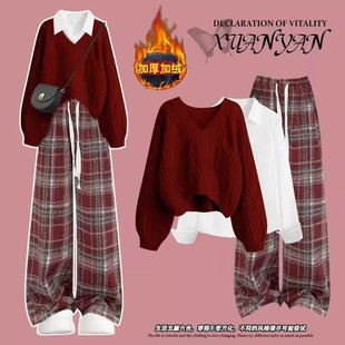 新年衣服女初高中学生秋冬套装女本命年红色毛衣盐系穿搭三件套装
