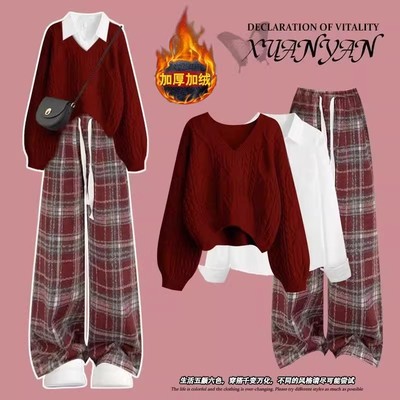 新年衣服女初高中学生秋冬套装女本命年红色毛衣盐系穿搭三件套装