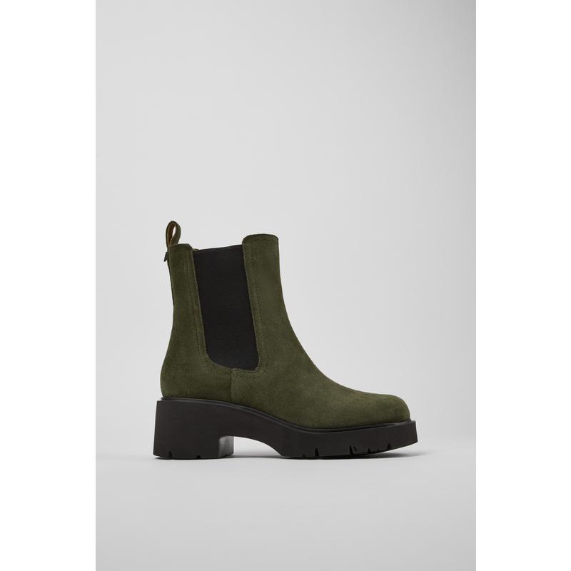 代购Camper女士切尔西靴透气吸汗软底轻便绿色磨砂皮厚底粗跟