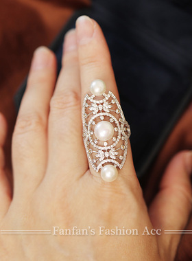 闪钻重工珍珠戒指锆石欧美大气