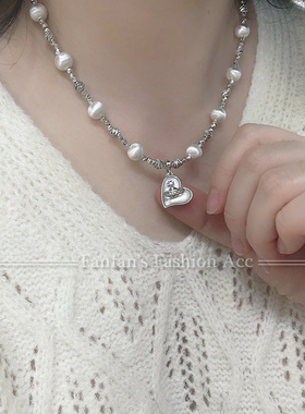 高档重工爱心串珠银色满天星项链女轻奢小众设计锁骨链2025新颈链