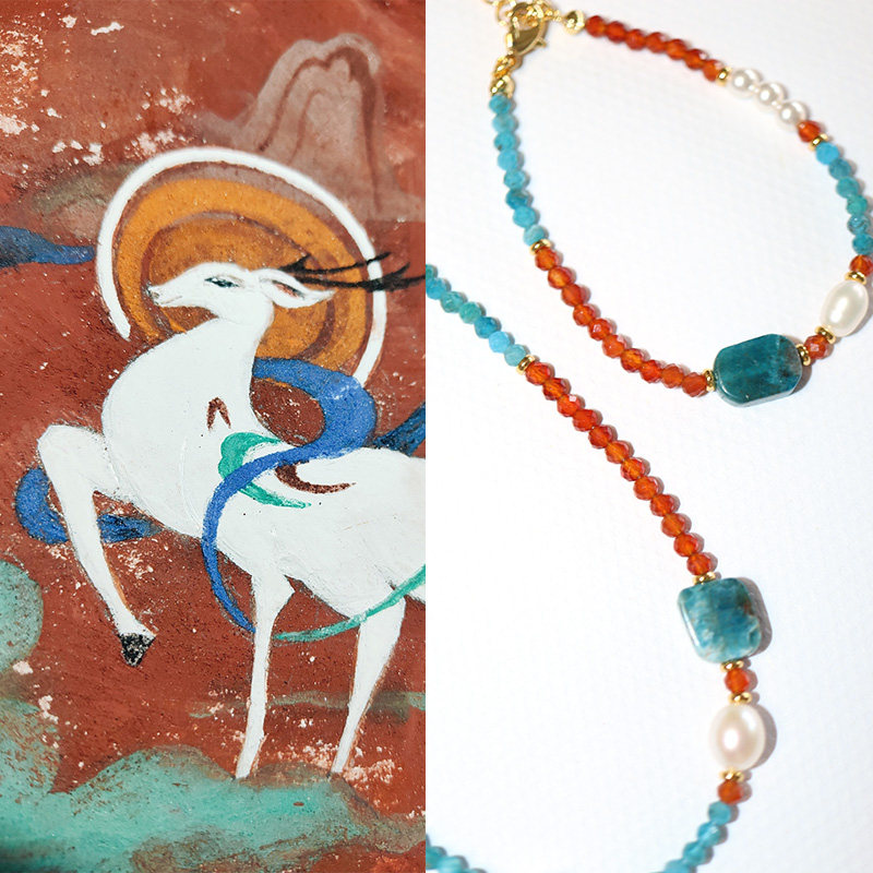 敦煌色系天然石蓝磷灰项链锁骨链橘红新中式手链小众设计国风手串