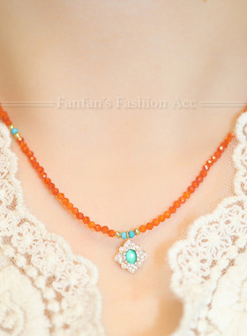 蓝色橙红暖翠新中式串珠项链