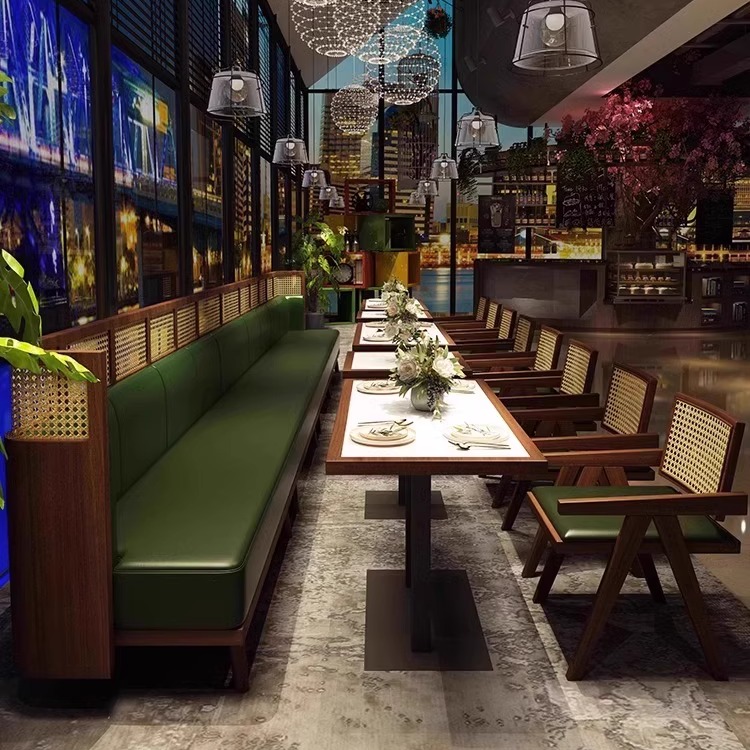 定制餐厅卡座沙发商用东南亚茶楼编藤火锅日料店餐饮实木桌椅组合