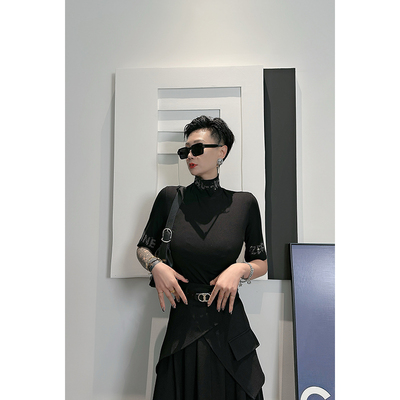 Dan Dan 暗黑风高领自制logo中袖T恤女 领口带钻小个子百搭打底衫