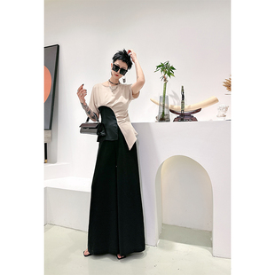 【蛋爷精选】夏日撞色收腰气质短袖T恤女新款褶皱显瘦设计感上衣