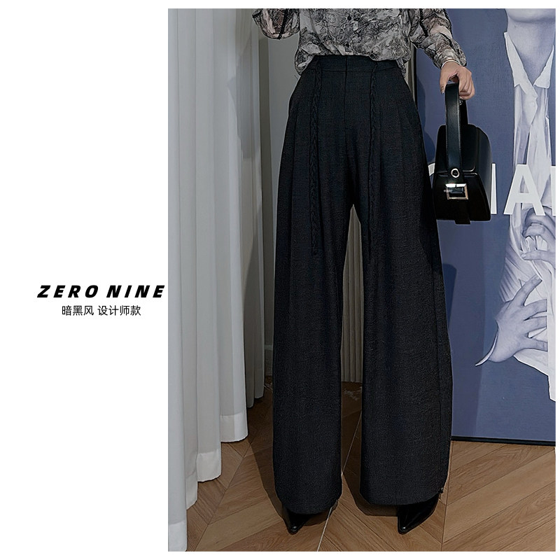 Dan Dan 深灰色老钱风西装阔腿裤女 系带松紧腰直筒裤子