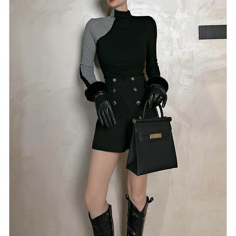 Dan Dan 黑色设计感小众高领打底衫女 秋季新款修身显瘦针织上衣