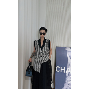 马甲女 领无袖 Dan 黑白条纹拼色西装