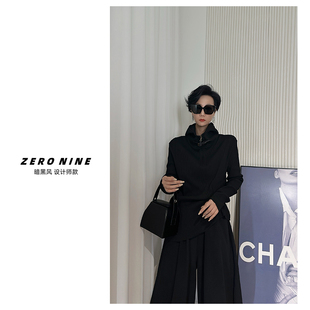 领口皮扣拼接 上衣女 Dan 暗黑风炸街帅气连帽长袖