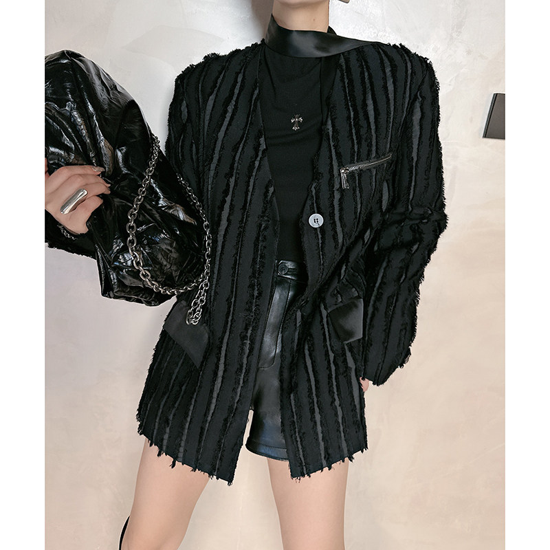 黑色毛边设计感小众西服外