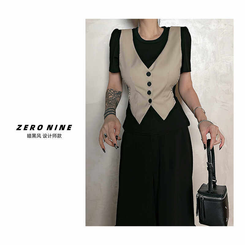 Dan Dan 假俩件设计感小众T恤女 夏季新款修身显瘦拼接高级感上衣