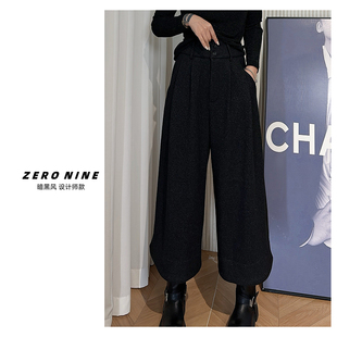 暗黑风黑色阔腿裤 子时髦八分裤 女 显瘦裤 松紧腰九分裤 Dan