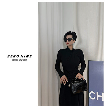 Dan Dan 黑色高级感领子褶皱设计感长袖T恤女 法式显瘦上衣