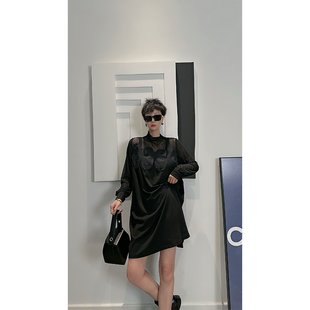 呢裙子 小众性感中长款 Dan 黑色网纱拼接设计感连衣裙女