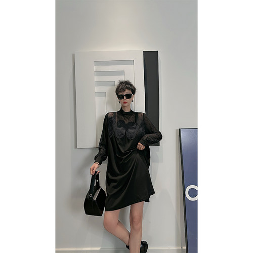 Dan Dan 黑色网纱拼接设计感连衣裙女 小众性感中长款呢裙子