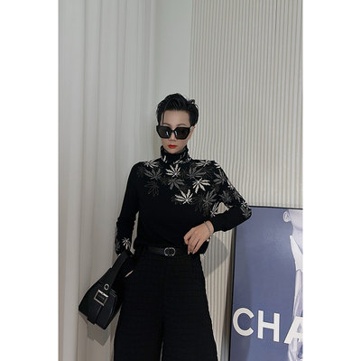 Dan Dan 树叶镶钻印花长袖针织衫女