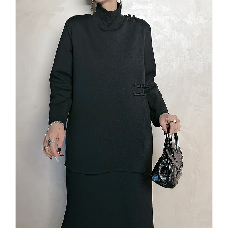 Dan Dan 黑色高领假俩件连衣裙女 2024年春季新款时尚设计师裙子