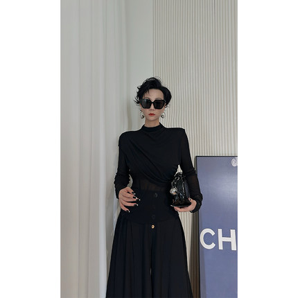 Dan Dan 黑色性感微透小立领长袖针织衫女