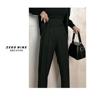 Dan 女 纽扣束腰褶皱感黑色长裤