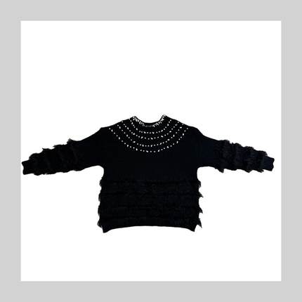 Dan Dan 慵懒风圆领流苏毛毛拼接毛衣女 2025秋冬新款宽松显瘦