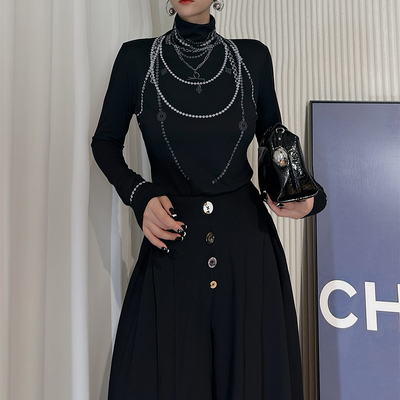 Dan Dan 黑色高领珍珠链打底衫女 百搭长袖T恤