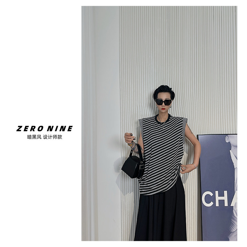 Dan Dan 时髦精黑白条纹无袖背心女 宽松设计师款外穿马甲T恤