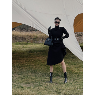 蛋爷法式黑色套装女冬新款高级感半高领针织上衣A字半身裙两件套