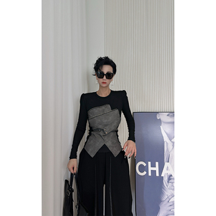 Dan T恤女 拼接皮料假俩件长袖