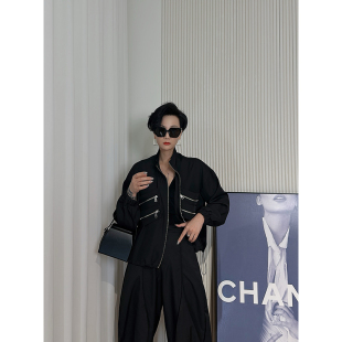 Dan 黑色金属拉链酷飒风短外套女