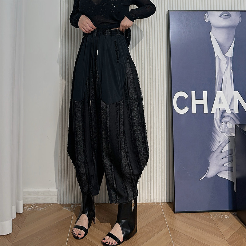 Dan Dan 山本风黑色松紧腰阔腿裤女 拼接褶皱面料宽松哈伦裤显瘦