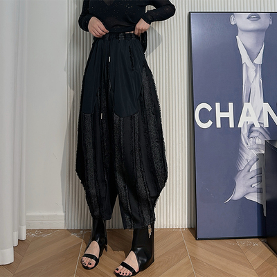 Dan Dan 山本风黑色松紧腰阔腿裤女 拼接褶皱面料宽松哈伦裤显瘦