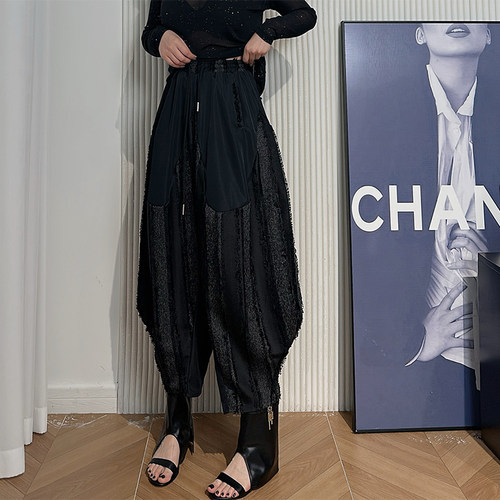 Dan Dan 山本风黑色松紧腰阔腿裤女 拼接褶皱面料宽松哈伦裤显瘦