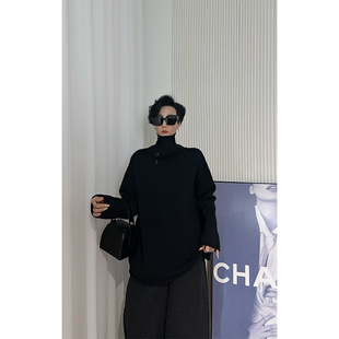 Dan Dan 黑色慵懒风高领毛衣女 宽松长袖保暖外穿上衣