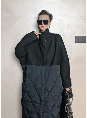 Dan Dan 黑色拼接设计感毛衣长外套女 2023年高领夹棉加厚棉衣