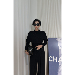 Dan 轻熟简约风上衣 满天星暗黑色假俩件立领T恤女