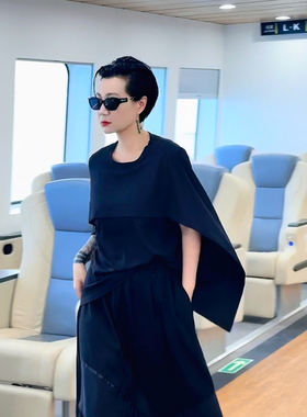 Dan Dan 暗黑风不规则斗篷式T恤女 小众设计感宽松圆领显瘦上衣
