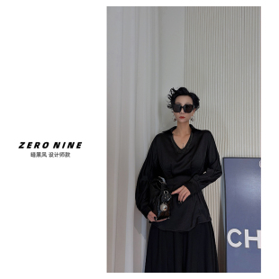 女 衬衫 领口流苏带钻欧货衬衣 暗黑风V领系带长袖 Dan