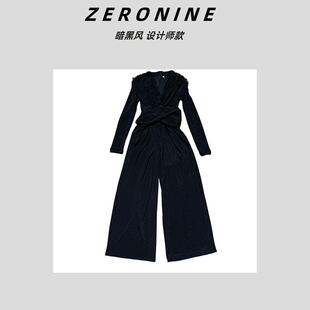 女式 Dan 女 连体裤 针织连体衣 黑色肩膀带钻高级感中长款