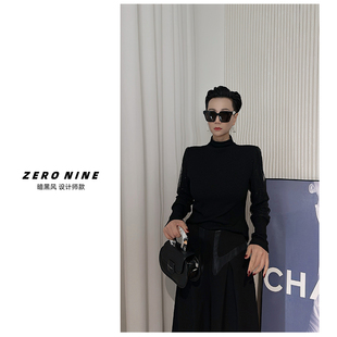 子拼接风上衣女 袖 Dan 黑色高领修身