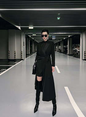 Dan Dan 黑色绑带西装领风衣 2023秋季气质显瘦女士中长款外套