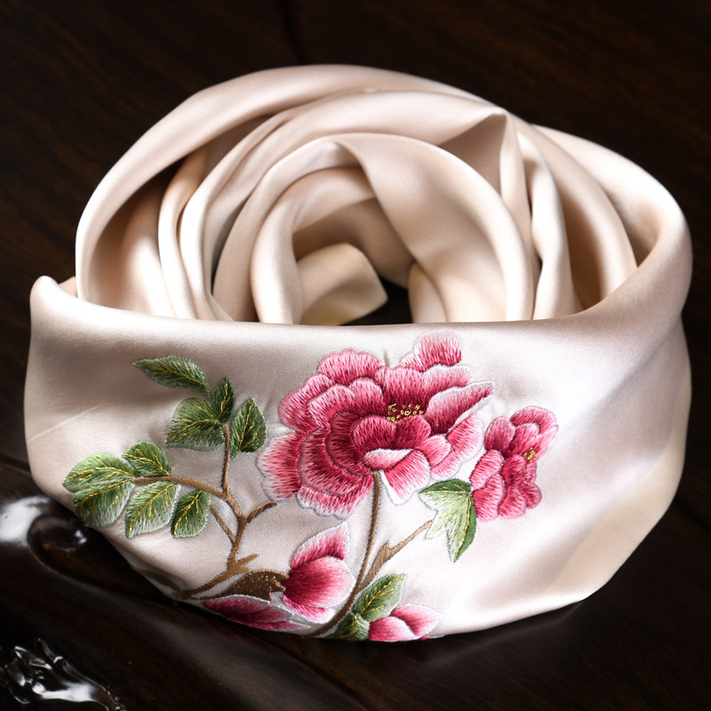 手工苏绣丝巾女桑蚕丝送礼妈妈百搭刺绣牡丹真丝围巾苏州丝绸披肩