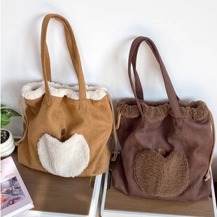 复古麂皮绒可爱刺绣单肩包苹果束口包翻毛托特包毛绒女通勤大容量