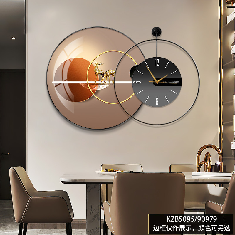 高档餐厅装饰画现代轻奢饭厅带钟表挂画客厅餐桌背景墙画圆形壁画