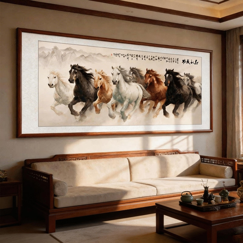 八骏图客厅挂画国画办公室沙发背景万马奔腾装饰画骏马图壁画