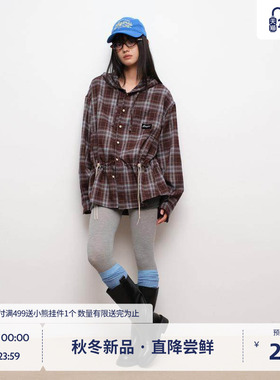 BEASTER格纹舒适刺绣连帽长袖衬衫内搭男休闲高级感情侣外套女