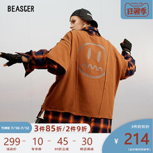 BEASTER小恶魔鬼脸情侣款格纹拼接假两件卫衣男前后分割套头衫潮