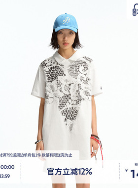 BEASTER微磨毛感印花图案连衣裙直筒纯棉百搭时尚新款白色裙子