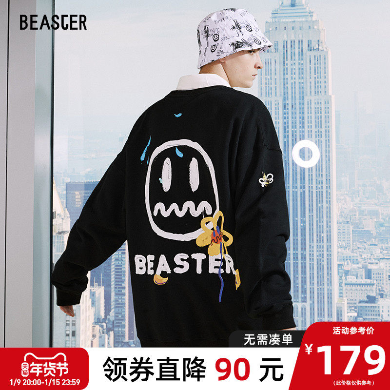 BEASTER小恶魔笑脸橙色卫衣男鬼脸印花潮牌情侣套头叠穿卫衣春秋